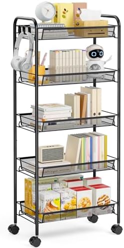 TOOLF 5 Tier Rolling Cart, Metal Utility Storage Cart with Wheels, Black | 3 Hooks, Screwless Assembly, Trolley Organizer for Bathroom, Kitchen, Office, Nursery, Dorm, Laundry Room