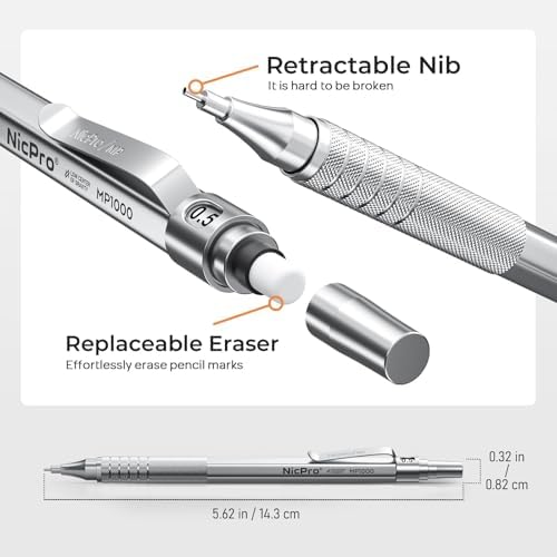 Nicpro 45PCS Black & Silver Metal Mechanical Pencil Set in Leather Case, Art Drafting Pencil 0.5, 0.7, 0.9 mm, 2mm Lead Holders for Sketching Drawing With 27 Tube (6B 4B 2B HB 2H 4H Colors)Lead Refill | Art Drafting Pencil 0.5-0.9 mm, 2mm Lead Pencil H...