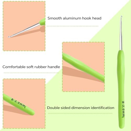 2mm Crochet Hook, Ergonomic Crochet Hooks with Soft Rubber Handle and Smooth Glide Head - Lightweight Aluminum Needles for Beginners, Arthritis, Yarn Projects, Long Crafting Sessions (2.0 mm)