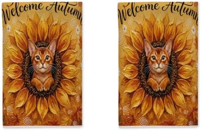Oil Painting Fall Abyssinian Cat Kitchen Hand Dish Towels Set of 2, Autumn Sunflower Maple Leaf Pattern Quick Dry Dishcloths, Cool Housewarming Gift for Home Cooking Kitchen Bathroom