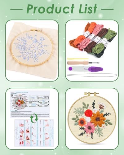 ERKOON Punch Needle Kit Beginners Adults, DIY Easy Flower Embroidery Set for Starter Art Craft, Needling Punching Project with Patterns, Tools, Yarns, Hoop, Instruction (Rainbow Flowers)