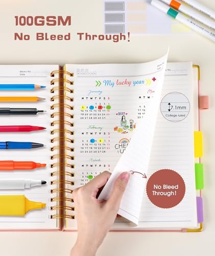 Hardcover Spiral Notebook journal with Removable Dividers Tabs, 300 Pages Leather 5 Subject Notebook College Ruled, 8"x10" Large B5 Notebooks for Work School Note taking, Lined Journal for Women,Pink