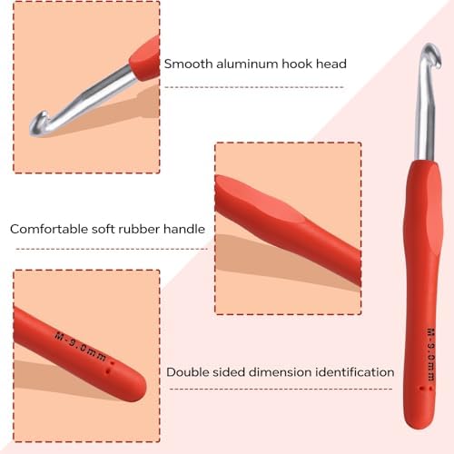 9mm Crochet Hook, Ergonomic Crochet Hook, Smooth and Extra Long  Knitting Needles, with Soft Rubber Ergonomic Handle and Aluminum Tip, Perfect Beginner and Arthritic Crochet Hooks (9 mm)
