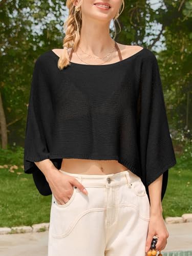 Saodimallsu Womens Crochet Cover Ups Batwing Sleeve Sweater Crop Tops Lightweight Summer Boho Knit Sheer Poncho Top