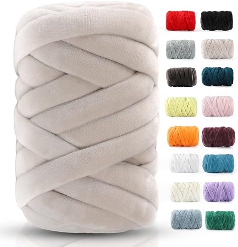 Chunky Yarn for Hand Knitting- Velvet Chenille Tube Yarns- Jumbo Yarns for Blankets, Pet Beds, Machine Washable (0.66 Lb/18.59 Yd), Easy No-Tool Arm Knitting & Crochet Project Yarn (Beige)