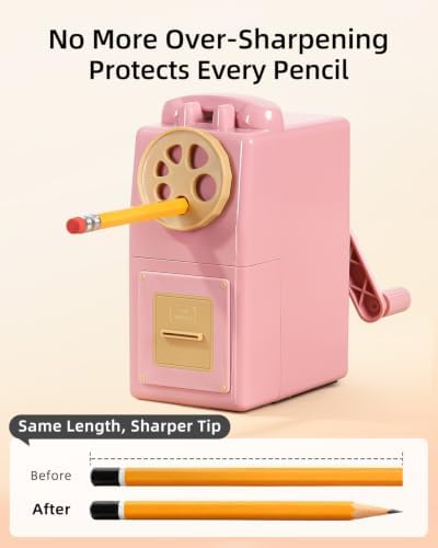 ZMOL Heavy Duty Manual Hand Crank Pencil Sharpener, Desktop, Pink