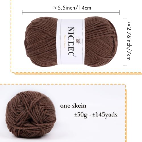 NICEEC 300g Soft Assorted Colors Yarn 100% Acrylic 870yds -Brown34#