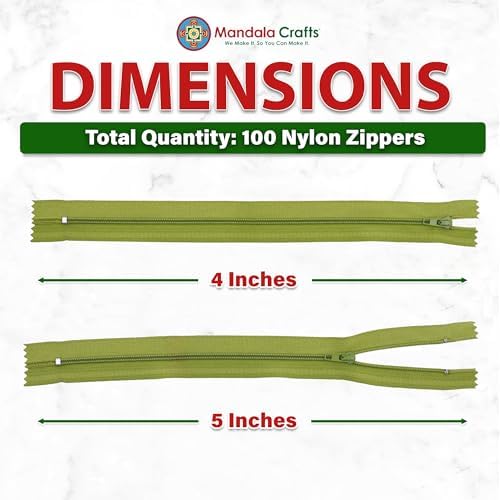 Mandala Crafts 100 PCs Dill Green Closed-End 4 in Nylon Zippers for Sewing