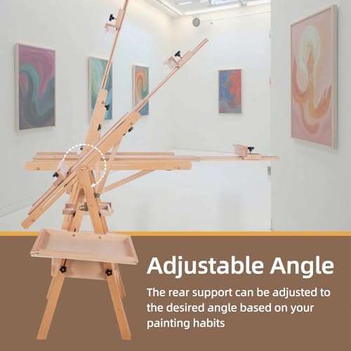 Horizontal Beechwood Studio Easel with Drawer and Palettes, Natural | H-Frame Solid Wooden Painting Easel for Students, Beginners, and Artists, Hold Canvas to 50Inches High