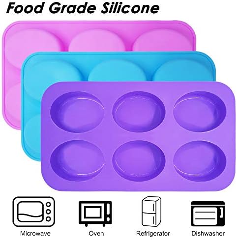 3 Packs Silicone 6 Cavities Oval Shape Cake Mold, findTop Homemade Craft Soap Mold Cake Mold for Cake Baking Tart Pudding Cookie Making- Pink, Purple, Blue