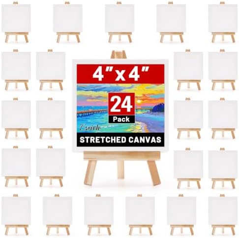 ESRICH 24 Pack Mini Canvas with Easel Set, 4x4” Small Canvases for Painting