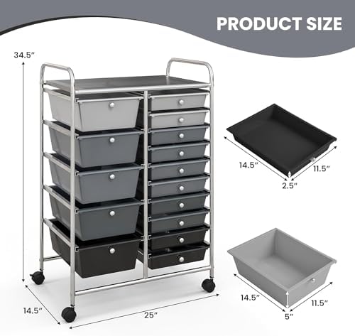 LDAILY 15 Drawer Rolling Storage Cart, Rolling Cart with Drawers for Classroom, Art Supply Craft Organizer on Wheel with Metal Frame & Handles for Home Office School
