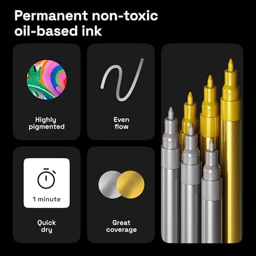 ARTISTRO 6 Gold & Silver Metallic Acrylic Paint Pens – 0.7mm Extra Fine Tip Paint Pens for Crafts, Rock Painting, Greeting Cards, Ornament Decor, DIY Art