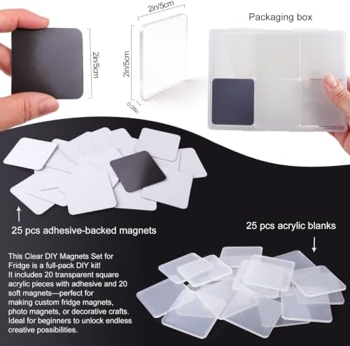 25 Pcs DIY Acrylic Fridge Magnet Kit Square Fridge Magnet Craft Set with Adhesive Backing Make Your Own Magnet Kit for Photo Office Classroom Cabinets Kitchen 2 Inch DTBX- (Square)