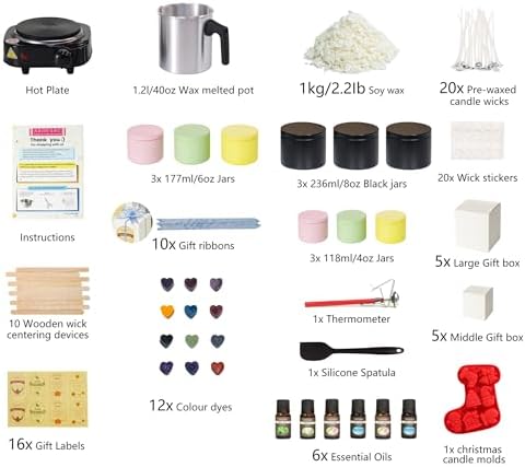 Candle Making Kit for Adults with Hot Plate, Complete Homemade Candles Kit | Natural Soy Wax & Complete Set, Beginner Friendly Handmade Candles with Rich Scent, Gift Boxes, Colorful Tins