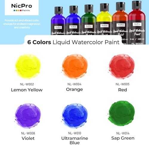 Nicpro 6 Colors Liquid Watercolor Paint Set, 4oz Non-Toxic Water Colors