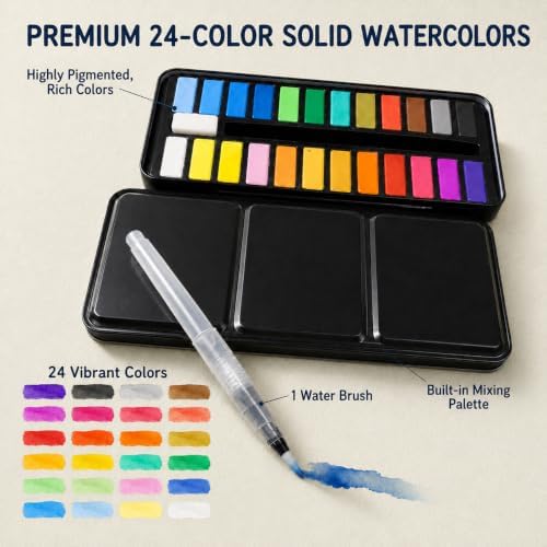 Watercolor Workbook for Adult Beginners 24 Colors Solid Paint Art Set