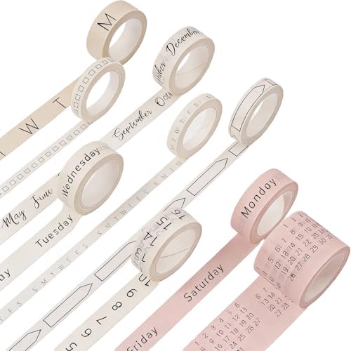 Chuangdi 9 Rolls Calendar Washi Tape Set,Light Brown, Beige, Pink | Vintage Day Week Month Date Number Calendar Washi for Journaling, Planner Decoration, Journal Labels, Arts Crafts