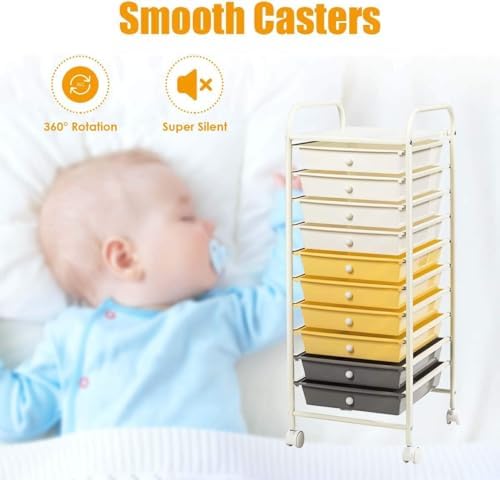 Storage Cart, Rolling Utility Cart with 10 Drawers, Portable Handles & Lockable Wheels, Mobile Paper Toys Storage Organizer Large Capacity for Home Office School Teacher (Yellow)