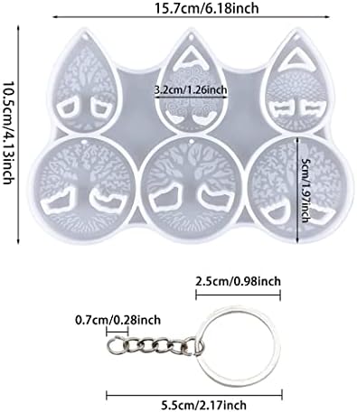 Keychain Resin Mold, Tree of Life Keychain Silicone Molds, Epoxy Resin Casting Molds Keychain Pendant Mould with Hole with 10 Pieces Key Rings for DIY Crafts Jewelry Making