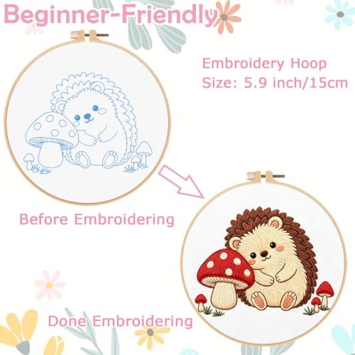 Nuberlic Embroidery Kit for Beginners Stamped Hedgehog Needlepoint