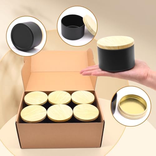 12-Pack 10oz Candle Tins with Wood-Grain Printing Lids, Metal Candle Jars for Candle Making, Empty Containers Vessels Bulk for Small Business & Beginners DIY Storage - Wood Black