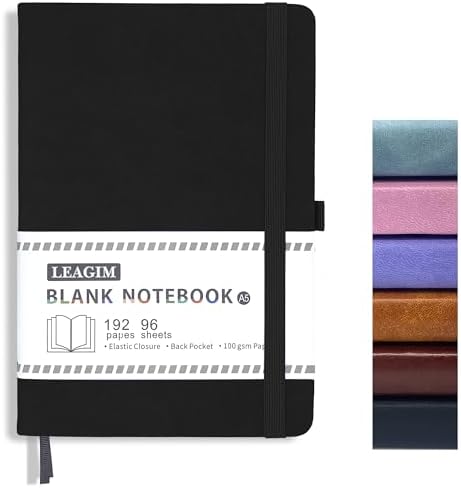 Blank Journal Notebook, A5, 192 Pages 100 GSM Thick Sketch Book for Women Men, Hardcover Leather Unlined Journaling for Work, Notebooks for Writing, 5.8 inches x 8.5 inches (Black)