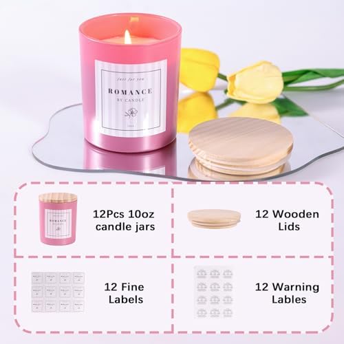 12Pcs Assorted Pink Candle Jars for Making Candles, 10oz Empty Jars with Bamboo Lids and Labels, Glass Candle Jars for Candle Making Supplies, Candle Containers for DIY Gifts
