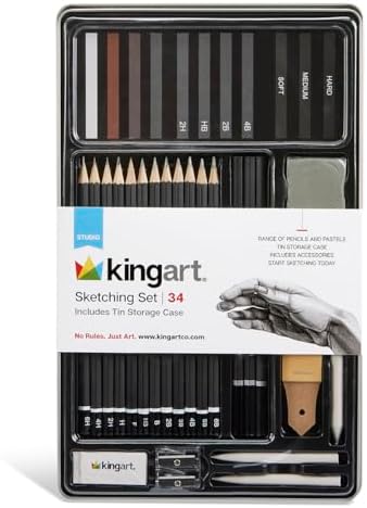 KINGART® Studio Sketching Set, 34 Piece Sketching Tools and Detailing Accessories, Art Supplies for Professional, Student, and Hobbyist Drawing