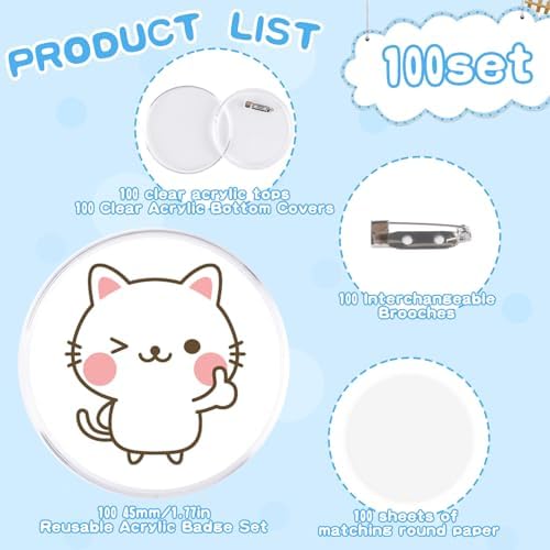 100 Pack Acrylic Button Pins Badge, 45mm/1.77 Inch Clear Acrylic Pins Buttons Badges Kit with Blank Round Paper, DIY Acrylic Pin Buttons