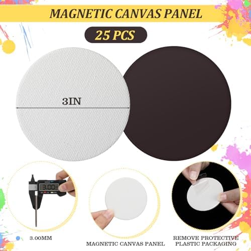 Engrowtic 25 Pcs Mini Magnetic Painting Canvas Panel Mini Canvas Boards for Painting Tile Art for Fridge Locker Art Crafts DIY(Round,3in)