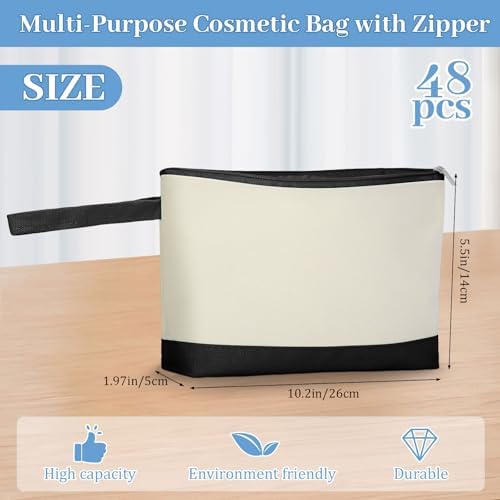 Silkfly 48 Pcs Cotton Canvas Makeup Bags Cosmetic Zipper Bags 10.2 x 5.5 x 2'' Blank DIY Pouch Bulk Pencil Case with Bottom Travel Toiletry Pouch for Women Craft Decor Gift (Beige and Black)