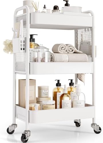 TOOLF 3 Tier Rolling Cart, Metal Utility Storage Cart with Pegboard, White | 2 Bins & 4 Hooks, Screwless Assembly, Lockable Wheels, Trolley Organizer for Bathroom, Kitchen, Office, Dorm, Craft Room
