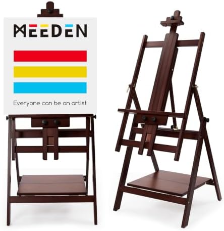 MEEDEN Large Studio Artist Easel: Heavy Duty H-Frame Easel for Painting | Wooden Artists Easel - Convertible Easel - Collapsible Floor Art Easel Stand for Adult, Craft, Office & Studio Deep Walnut