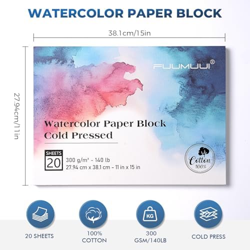 Watercolor Paper Block 11x15 Inch, Fuumuui 100% Cotton Watercolor Paper Pad of 20 Sheets, 140lb/300gsm, Acid-Free Cold Pressed Art Paper for Painting, Drawing, Wet, Mixed Media