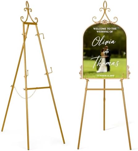 53.9" Gold Easel Stand for Sign, Heavy Duty Metal Display Easel with Storage Bag, Adjustable Art Easel for Wedding Sign, Welcome Sign, Picture