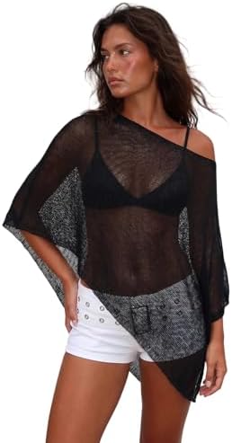 Womens Sheer Poncho Tops Lightweight Knitted Shrug Crochet Mesh Cover Up Summer Beach Shawl