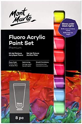 Mont Marte Fluoro Acrylic Paint Set, 8 x 1.02oz (36ml) Tubes, 8 Colors, Suitable for Most Surfaces Including Canvas, Card, Paper and Wood