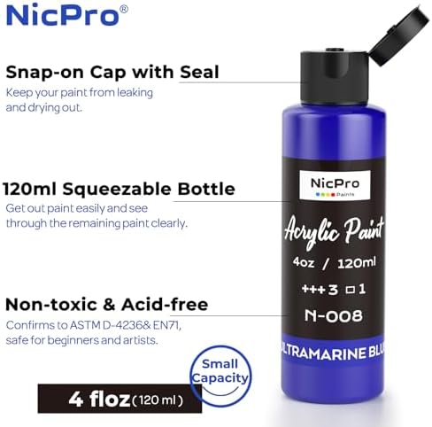 Nicpro 8 Primary Colors Acrylic Paint Set(4 oz, 120 ml), Rich Pigment | Non Toxic Craft Paint for Multi Surface Canvas, Wood, Ceramic, Rock, Fabric, Art Painting Supplies for Beginner Artist Adult