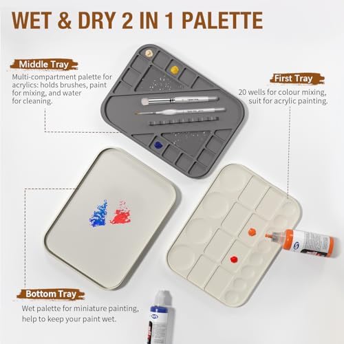 golden maple Wet Pallet for Painting Miniatures 2 in 1 Dry and Wet Palette with Lid, Including 11 Miniature Paint Brushes,100PCS Palette Paper, 4PCS Sponges, Paint Brushes Holders