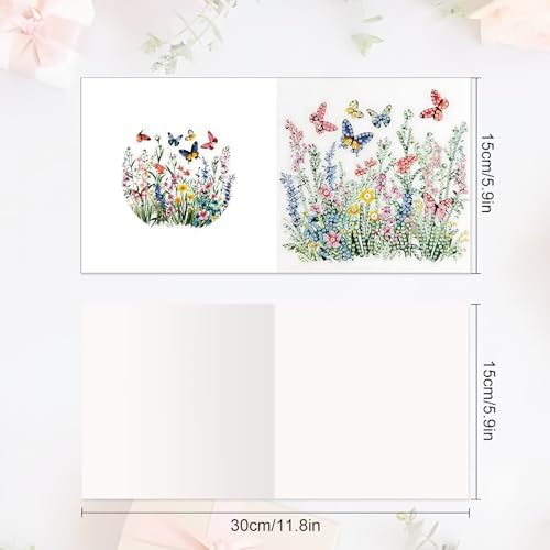 Tontut 6pcs Diamond Art Painting Kit Greeting Card, Green Flower Butterfly 5D DIY Diamond Handmade Holiday Greeting Card with Envelope, Holiday Gift Congratulations