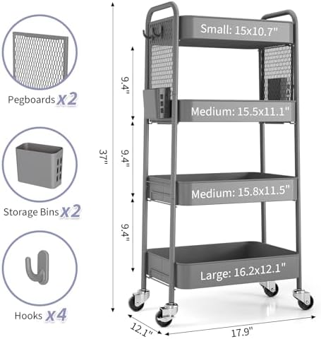 TOOLF 4 Tier Rolling Cart, Metal Utility Storage Cart with Pegboard, Grey | 2 Bins & 4 Hooks, Screwless Assembly, Lockable Wheels, Trolley Organizer for Bathroom, Kitchen, Office, Dorm, Craft Room