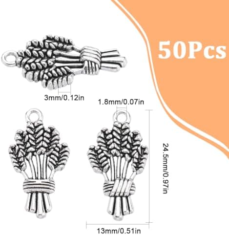 SUNNYCLUE 1 Box 50Pcs Thanksgiving Wheat Charm Fall Harvest Autumn Charms Bulk Tibetan Style Antique Silver Spike Flower Wheat Ears Pendants for Jewelry Making DIY Craft Supplies