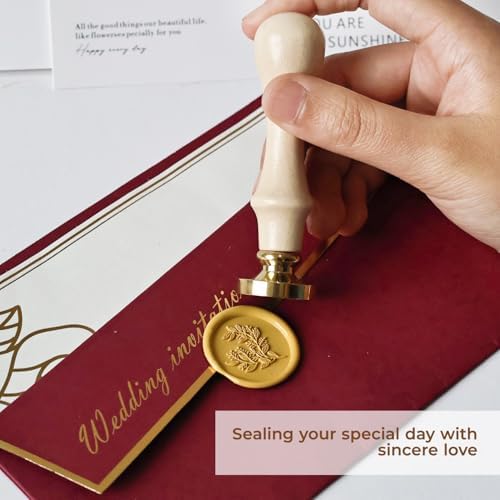 Eucalyptus Wax Seal Stamp, 3D Embossed Relief Carving Brass Head and Wood Handle for Wax Seal Stamp Kit, Decor for Thanksgiving Card/Envelope/Gift Wrap/Wedding Invitation/Vellum Jacket