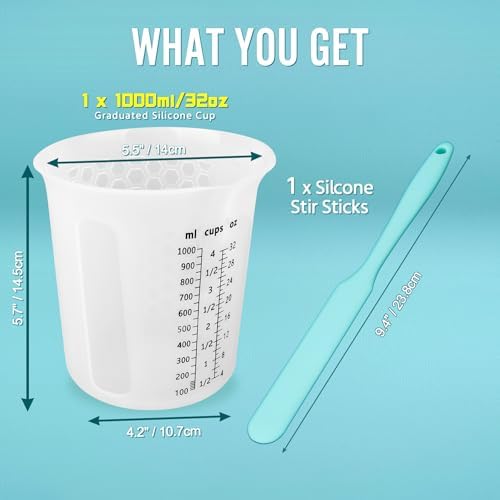 Silicone Resin Mixing 1L Measuring Cup Set for Resin Supplies, Easy-to-Read Marks, 1000ml/32oz Large Cup, Thickened Reusable Silicone Cups for Epoxy Mixing, Jewelry Making