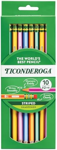 Ticonderoga X13910 Striped Wood-Cased Pencils, 2 HB Soft, Pre-Sharpened, 10 Count, Assorted Colors
