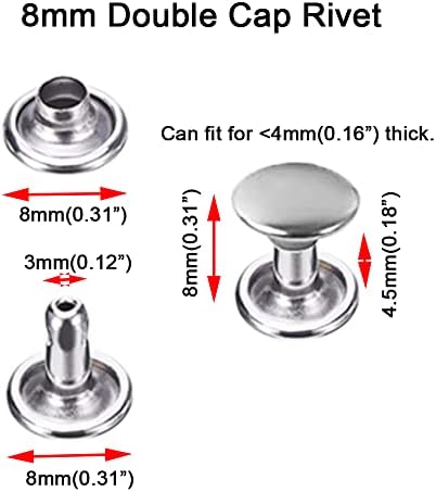 85sets Stainless Steel Leather Rivets with Tools Kits Double Cap Rivet Tubular Metal Studs Repairs Decoration Craft Accessories for Leather Craft Clothes Shoes Bags Belts (8mm Silver with Tools)