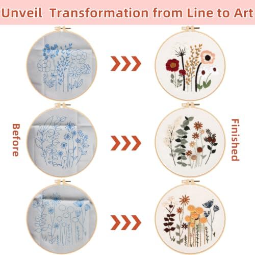 Herdiese Embroidery Kit for Beginners & Adults, 3 Floral Patterns & Hoop
