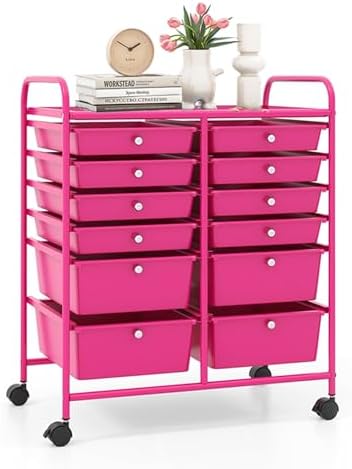 LDAILY 12 Drawer Rolling Storage Cart, Craft Cart Organizer on Wheels w/Metal Frame, Large Capacity & Smooth Drawer, Rolling Cart w/Drawers for Classroom, Office