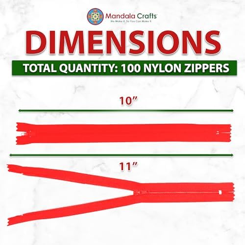 Mandala Crafts 100 PCs Cherry Red Closed-End 10 in Nylon Zippers for Sewing
